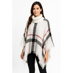 Women's L.A Express Plaid Poncho Sweater S White Black Red
